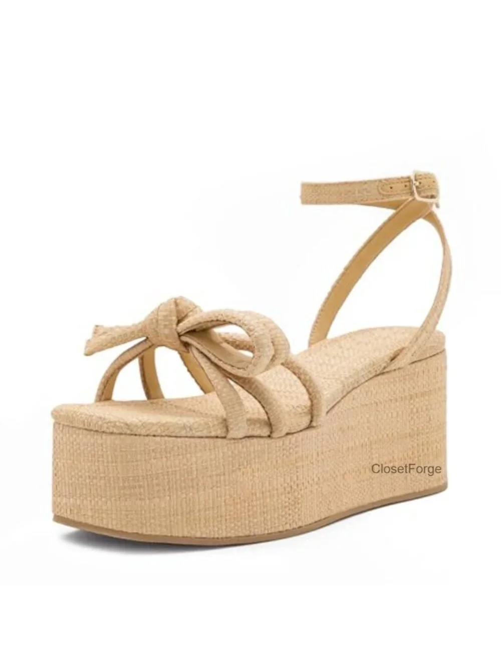 Raffia Platform Sandals for Women Bow Ankle Strappy Espadrille Wedges